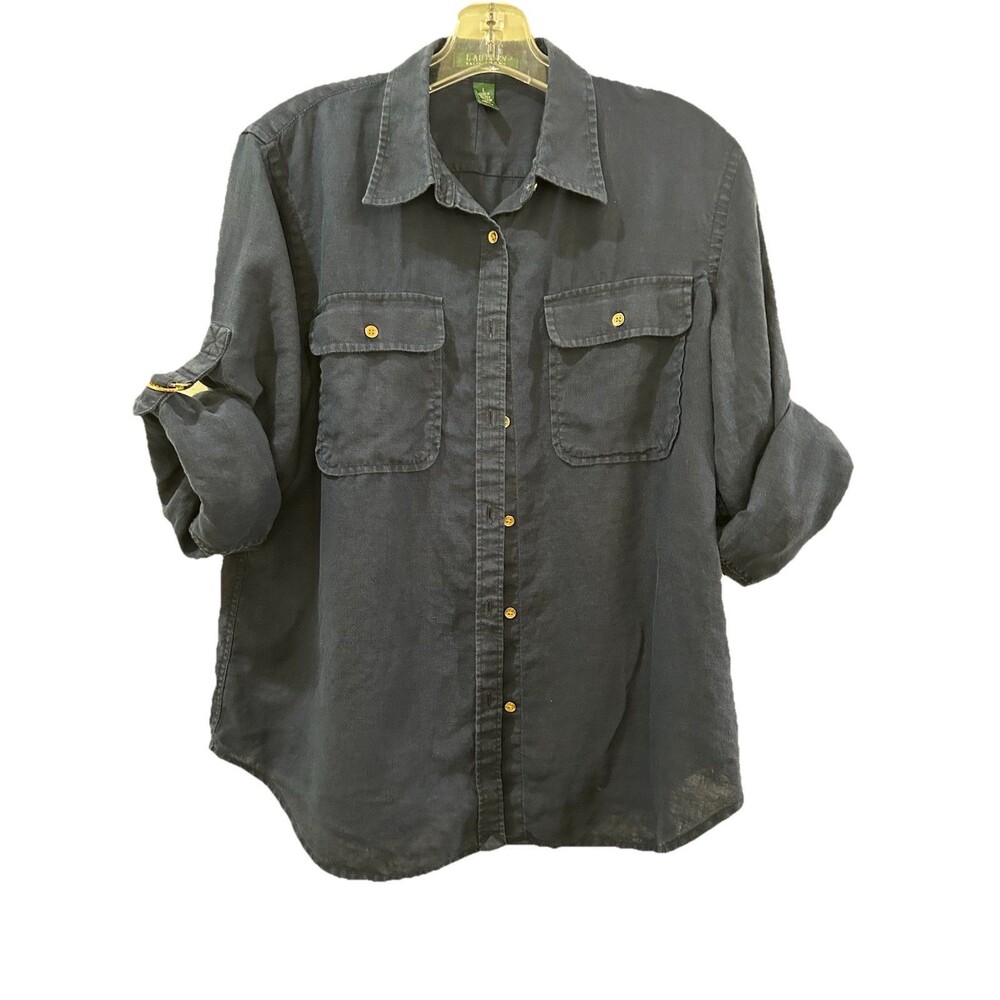 Lauren Ralph Lauren Womens Sz L Navy Shirt 100% Linen Roll Tab Sleeve Collared